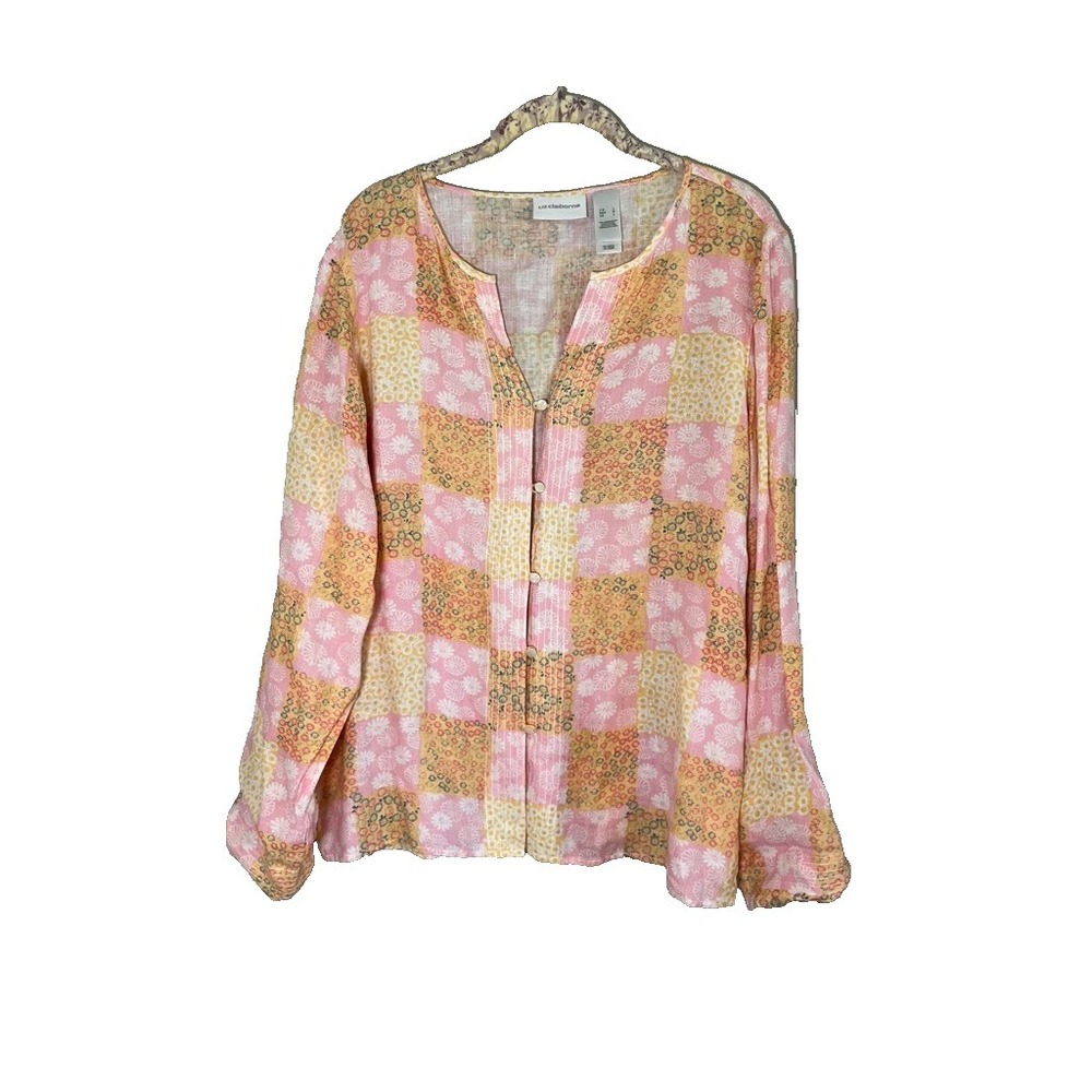 Colorful Floral Patchwork Linen Top L Cottage Boho Indie Peasant Folk Artsy Chic